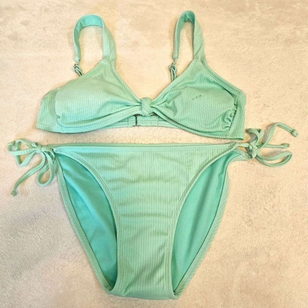 Mint Green Bikini Swimwear Set Women's Sz L Removable Pads Adjustable Tie Bottom